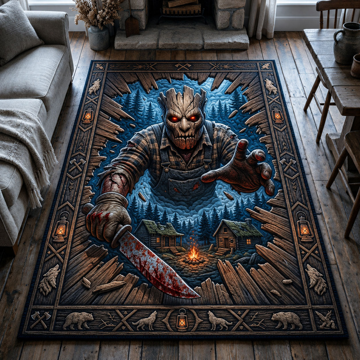 Campground Killer area rug in a living room