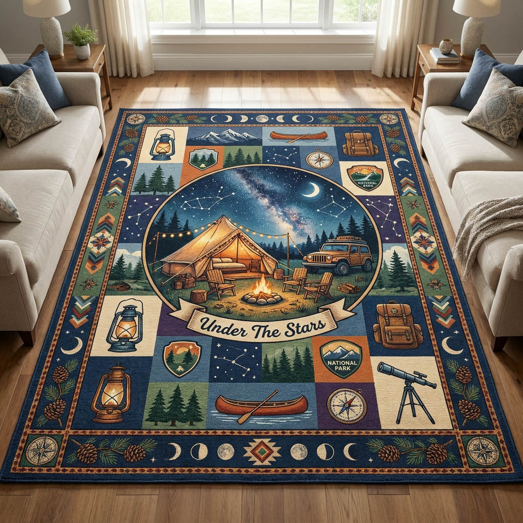 Camping area rug in a living room