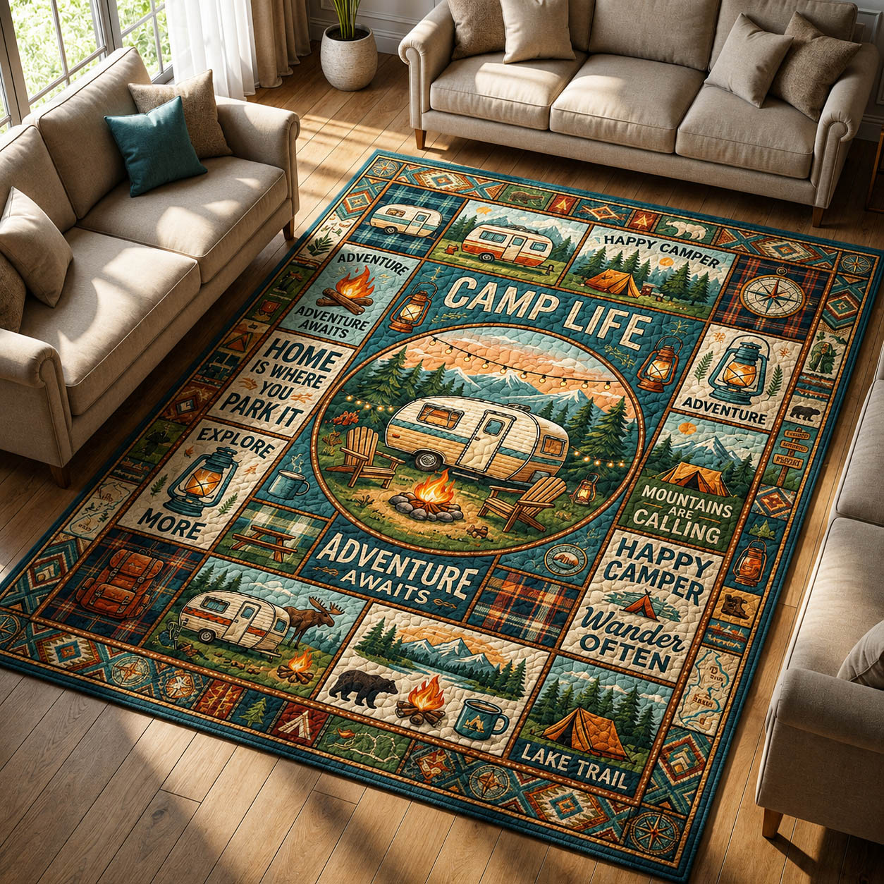 Camping area rug in a living room