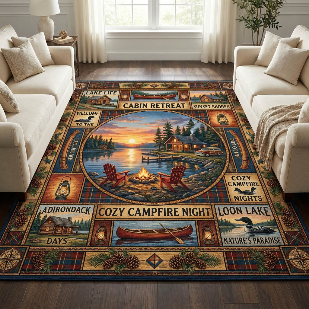 Camping area rug in a living room