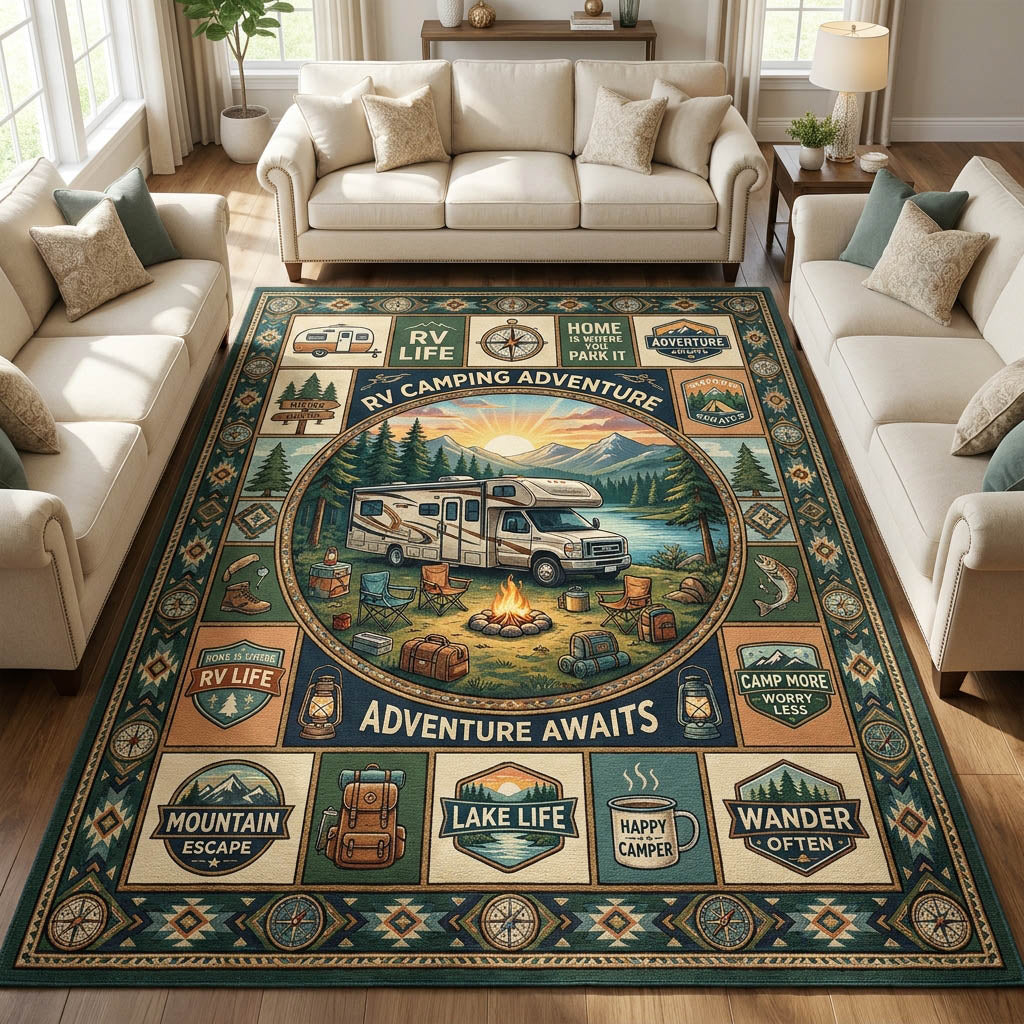 Camping area rug in a living room