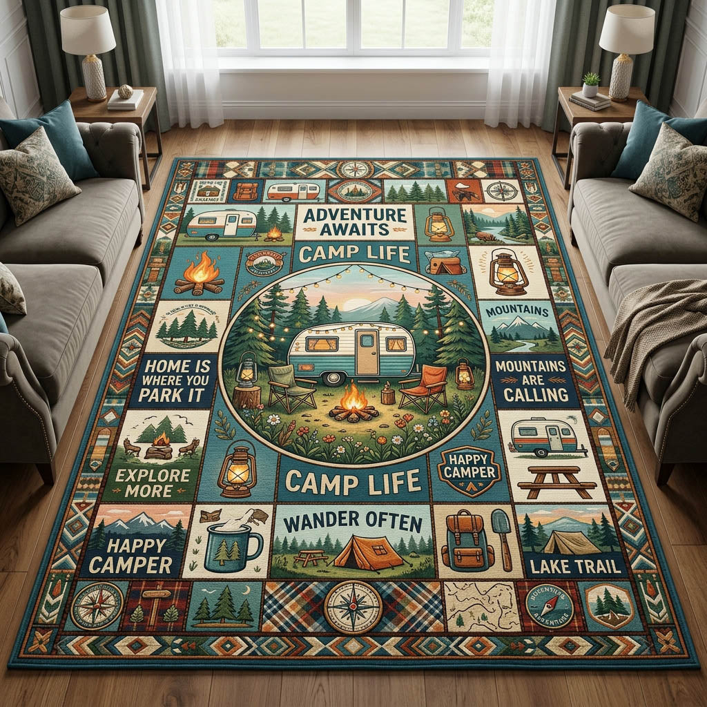 Camping area rug in a living room
