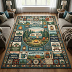 Camping area rug in a living room