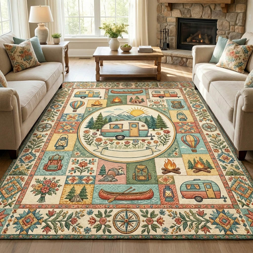 Camping area rug in a living room