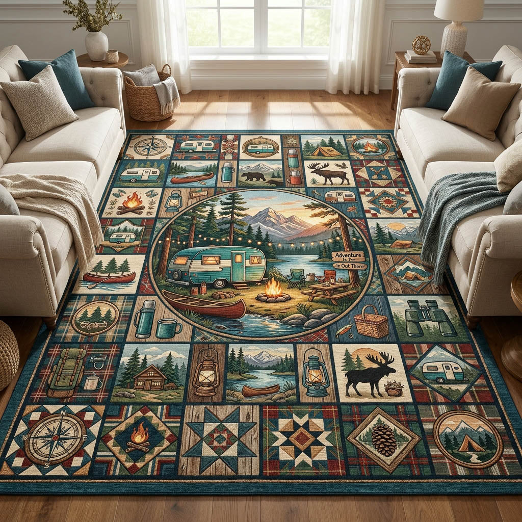 Camping area rug in a living room