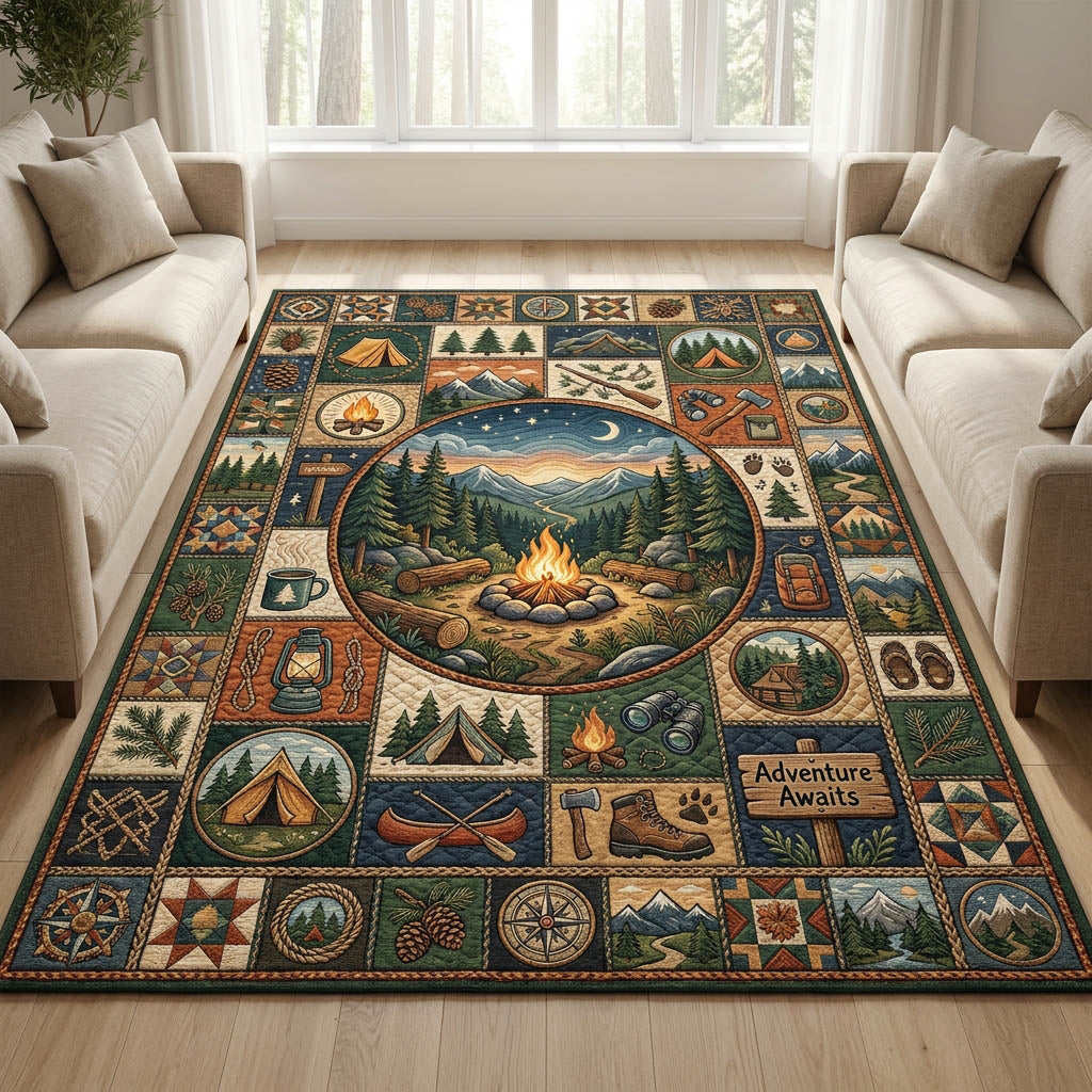 Camping area rug in a living room