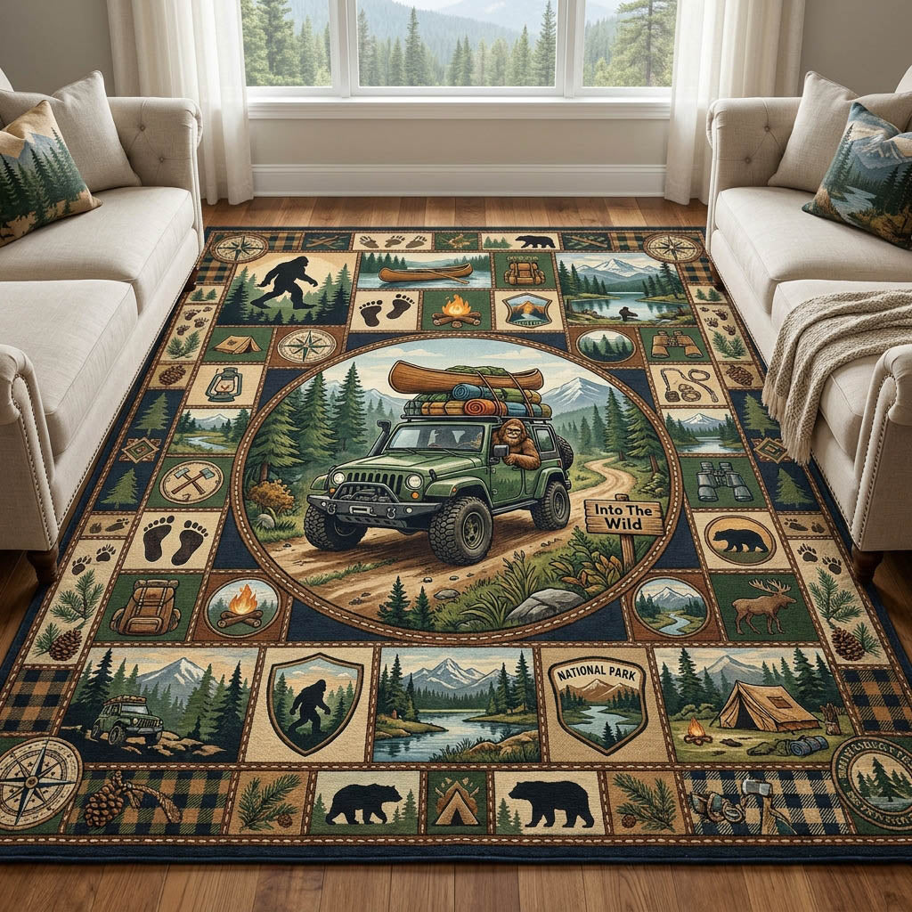 Camping area rug in a living room