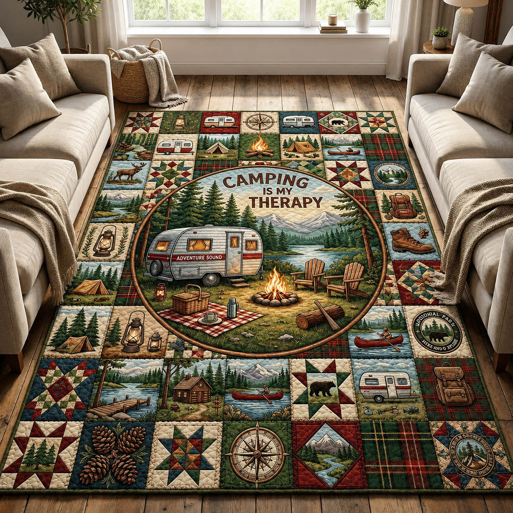Camping area rug in a living room