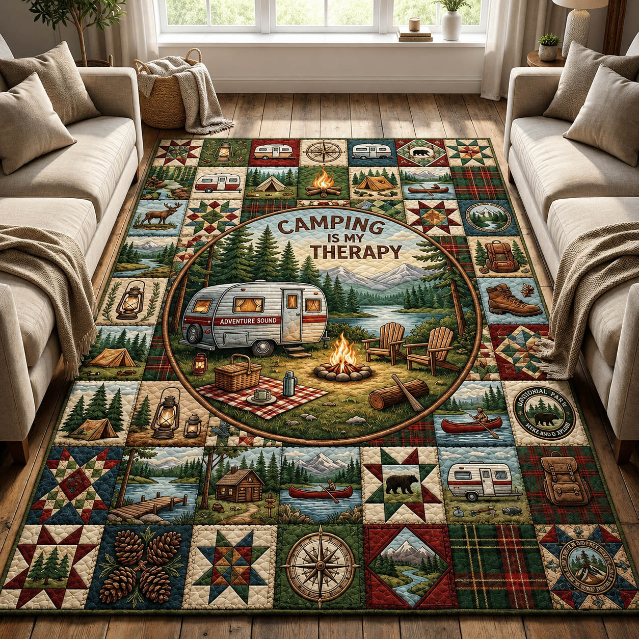 Camping area rug in a living room