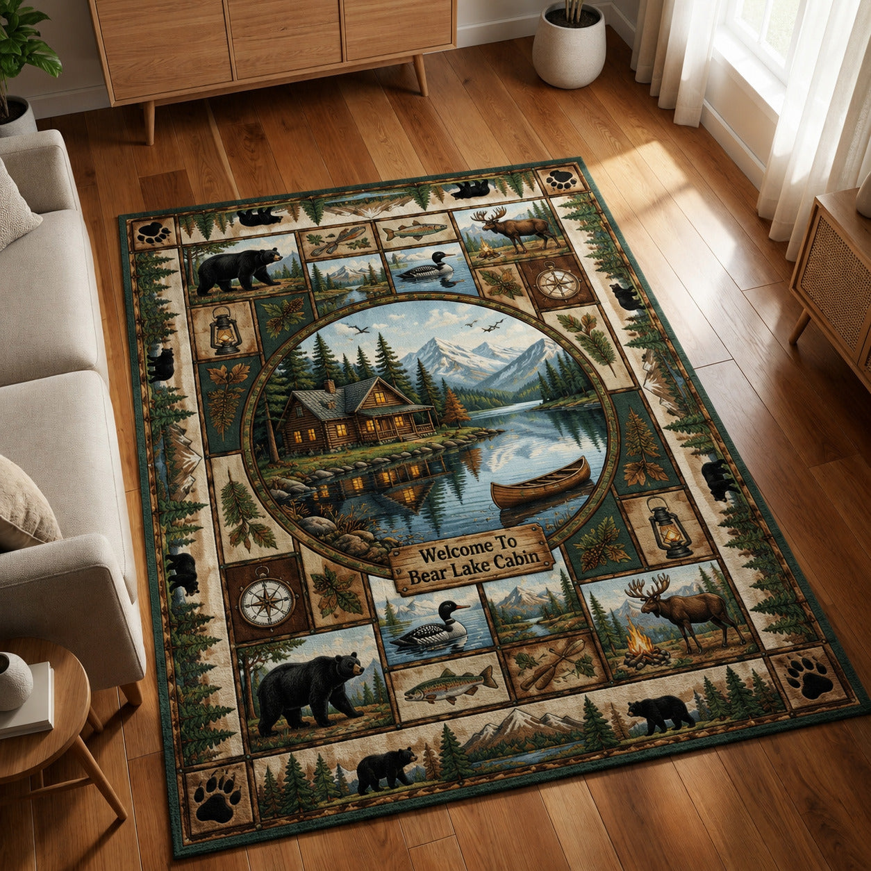 Camping area rug in a living room