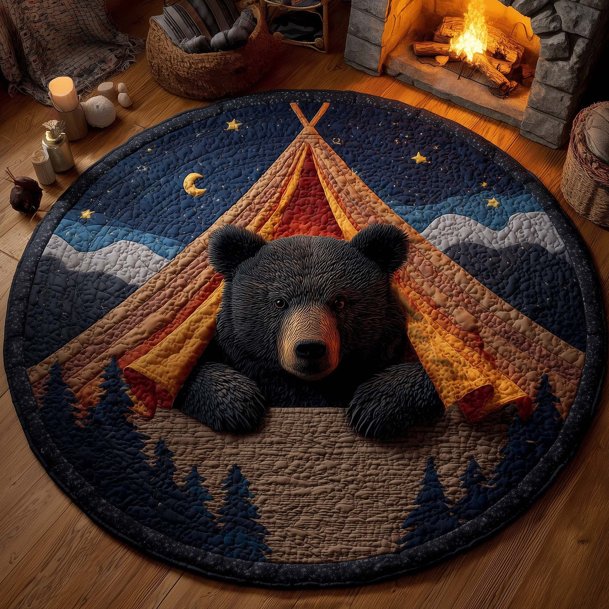 Camping Bear Round Mat Rug - washable non-slip printed rug