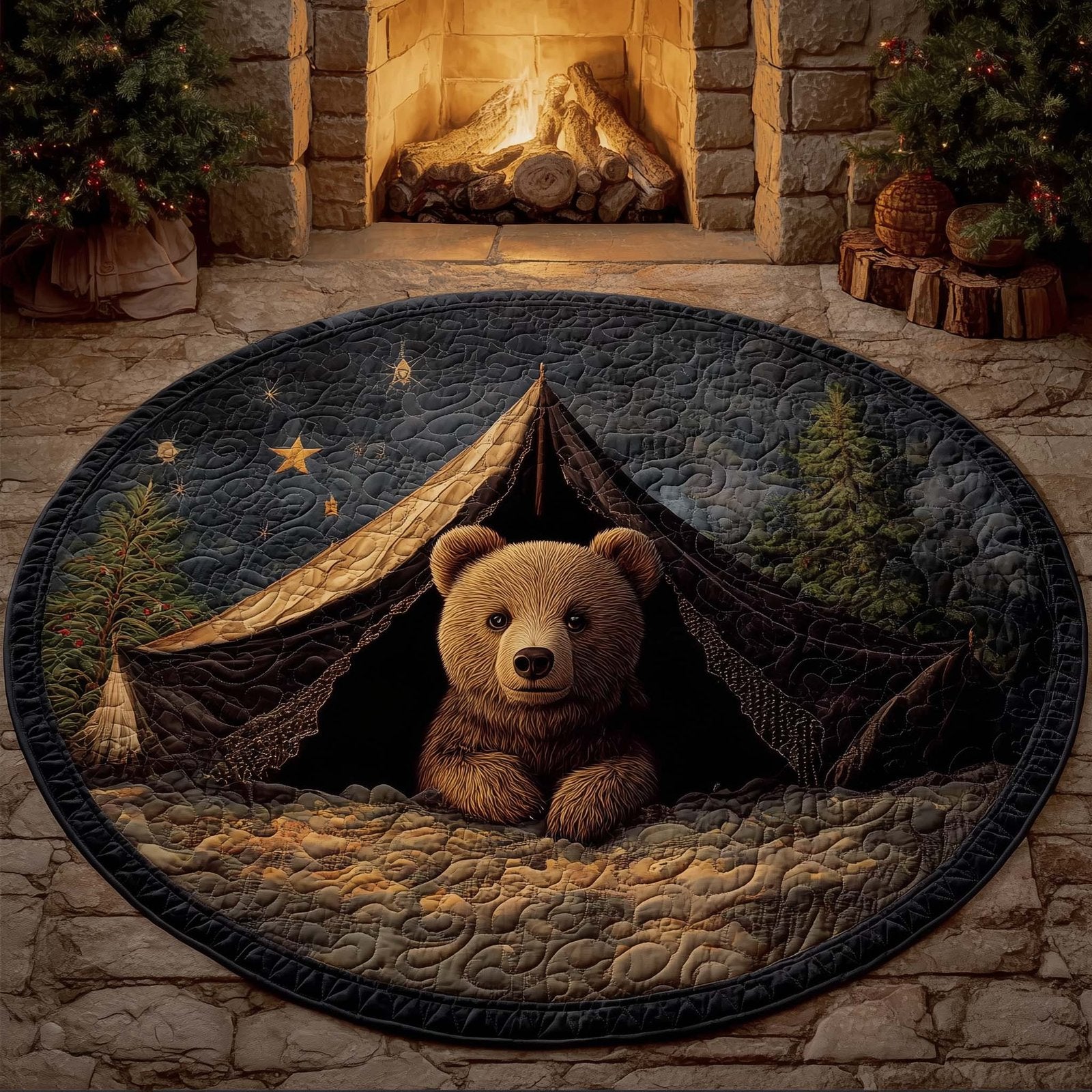 Camping Bear Round Mat Rug - Cute Pet Design | Animal Printed Home Decor