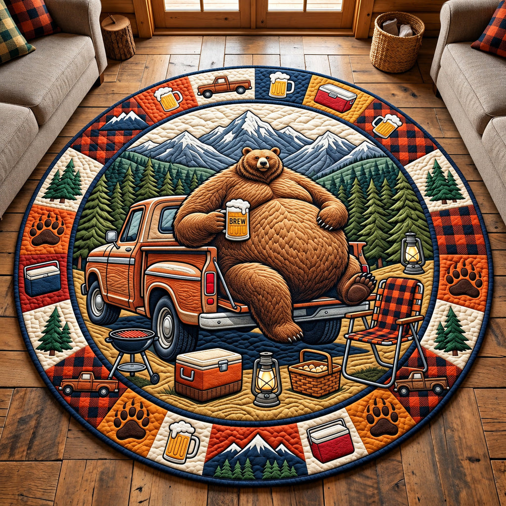 Camping Bear Round Mat Rug - Cute Animal Design | Charming Home Decor - washable non-slip printed rug