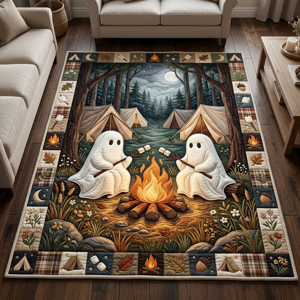 Camping Ghosts area rug in a living room