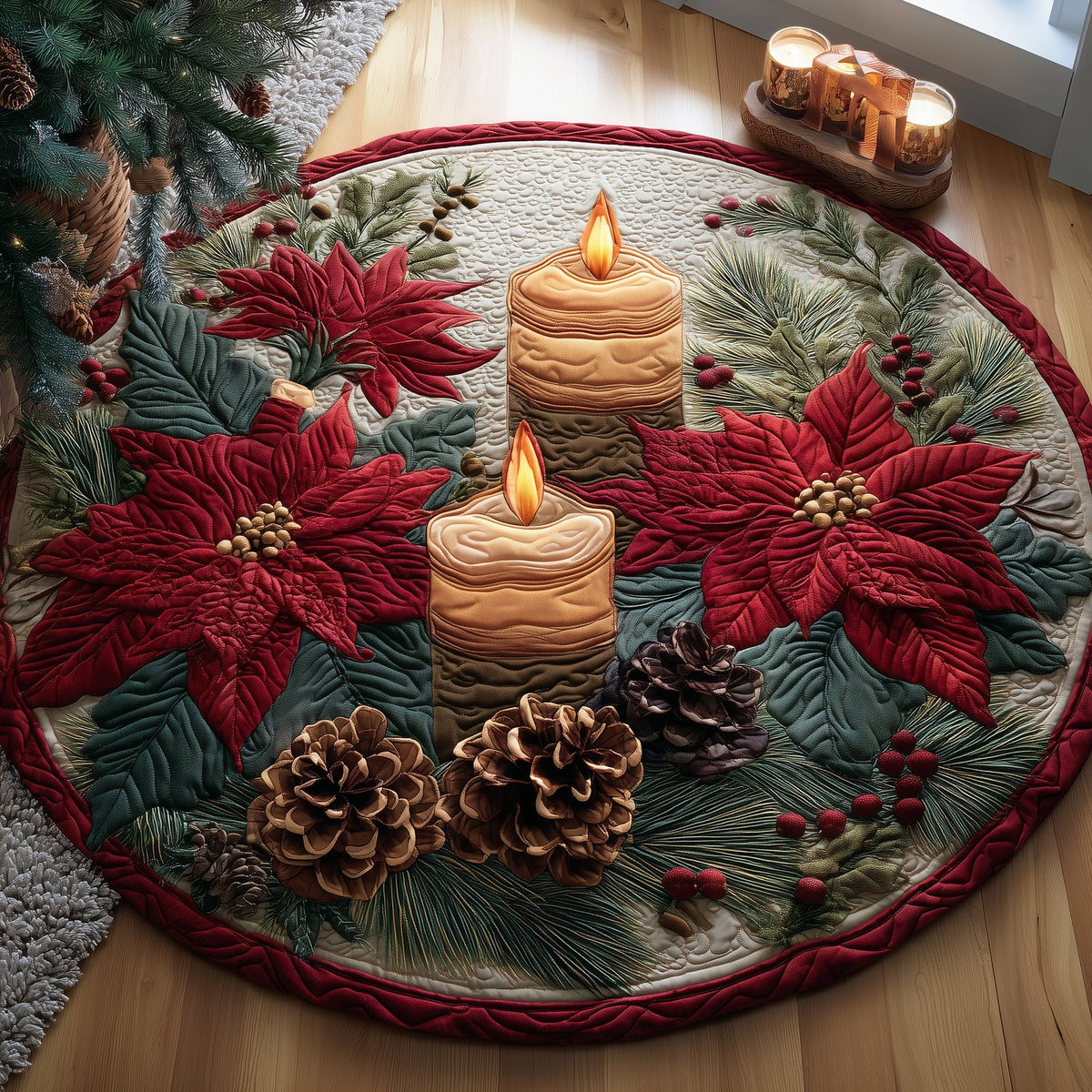 Candlelight Poinsettia Round Mat Rug - washable non-slip printed rug