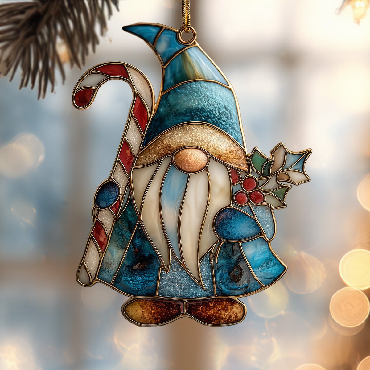 Blue Hat Candy Cane Gnome Christmas Ornament