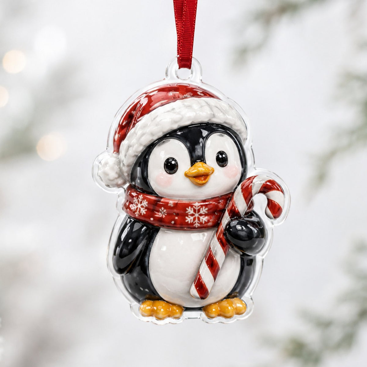 Penguin in a Red Hat with a Candy Cane Christmas Ornament