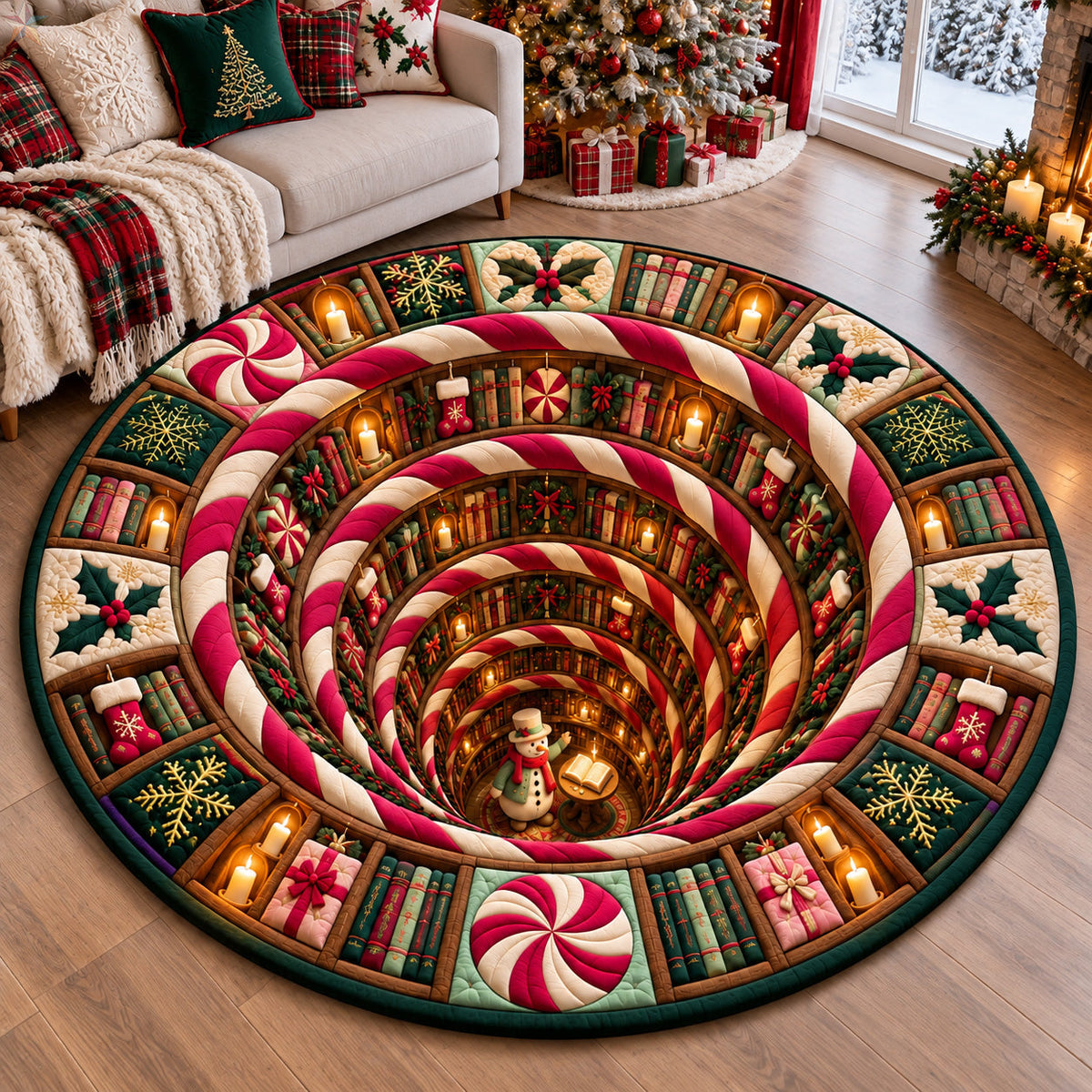 Candy Cane Christmas Library Round Mat Rug - Seasonal Design | Festive Home Decor - washable non-slip printed rug