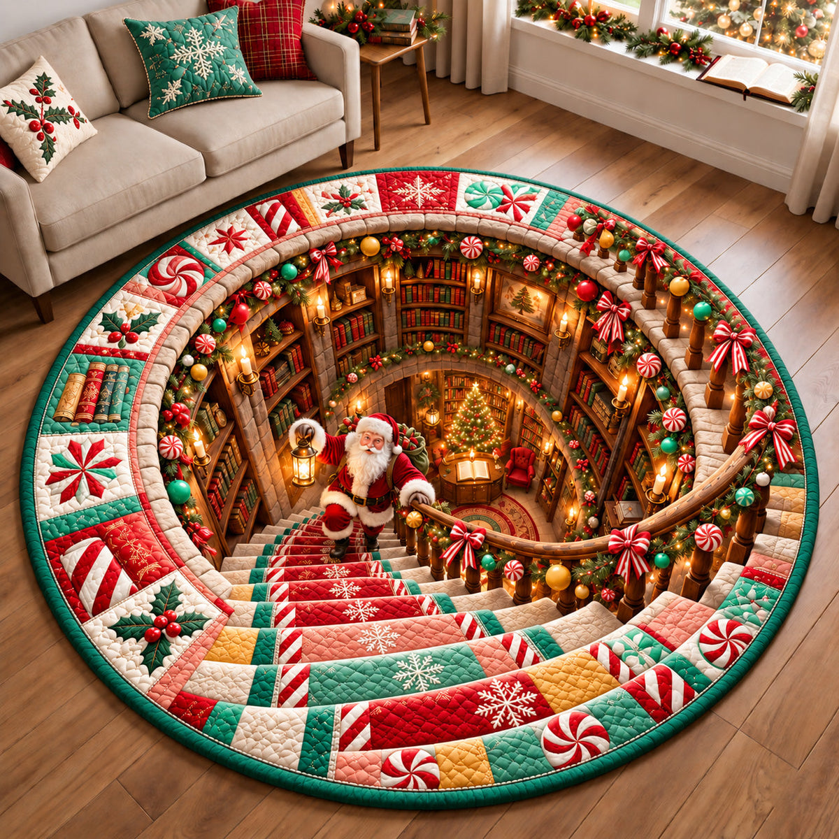 Candy Christmas Library Round Mat Rug - Seasonal Design | Festive Home Decor - washable non-slip printed rug