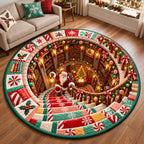Candy Christmas Library Round Mat Rug - Seasonal Design | Festive Home Decor - washable non-slip printed rug