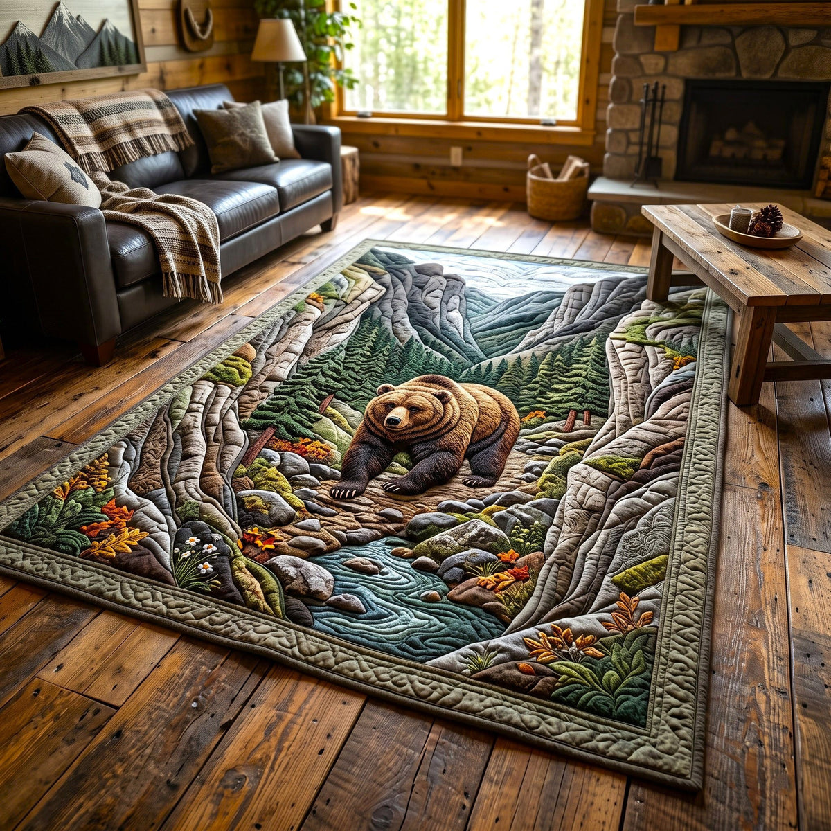 Canyon Creek Rustic Bear area rug in a living room
