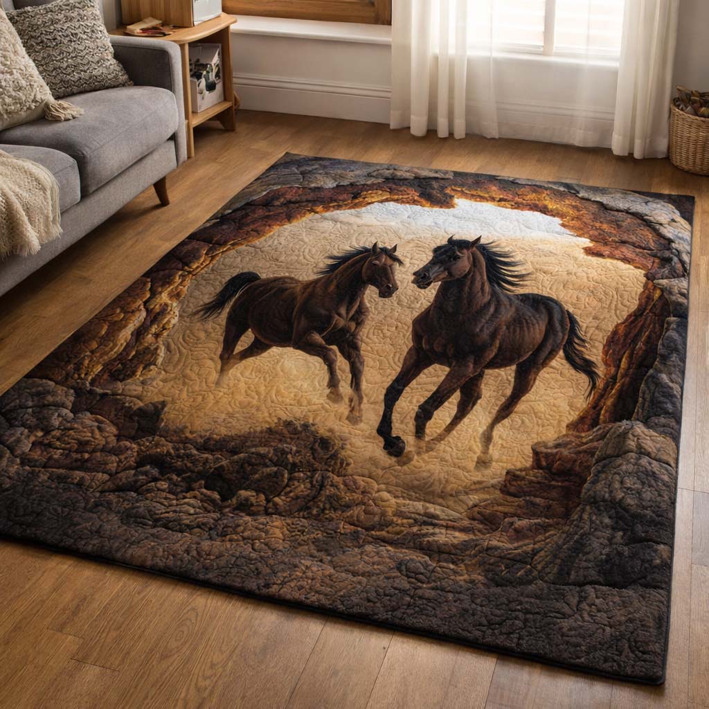 Canyon Duel Horses area rug in a living room