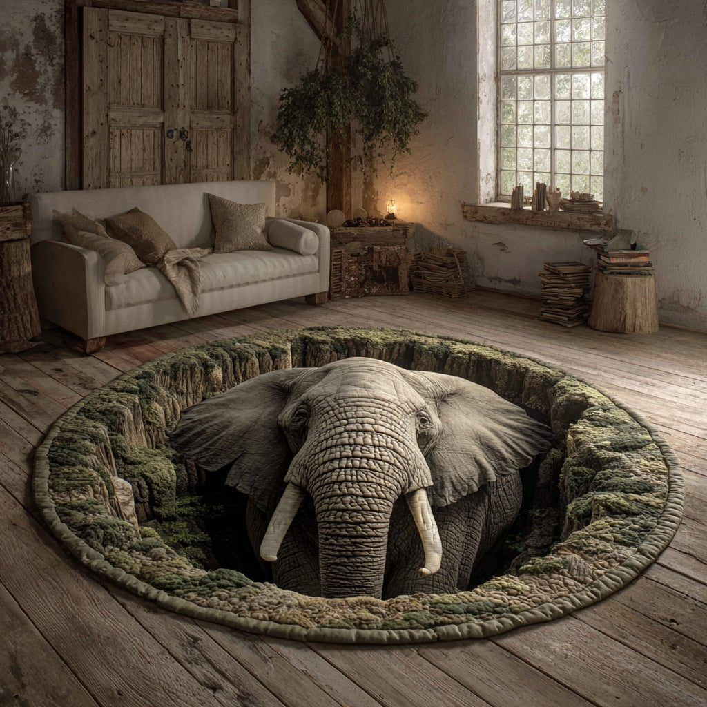 Canyon Elephant Round Mat Rug - washable non-slip printed rug