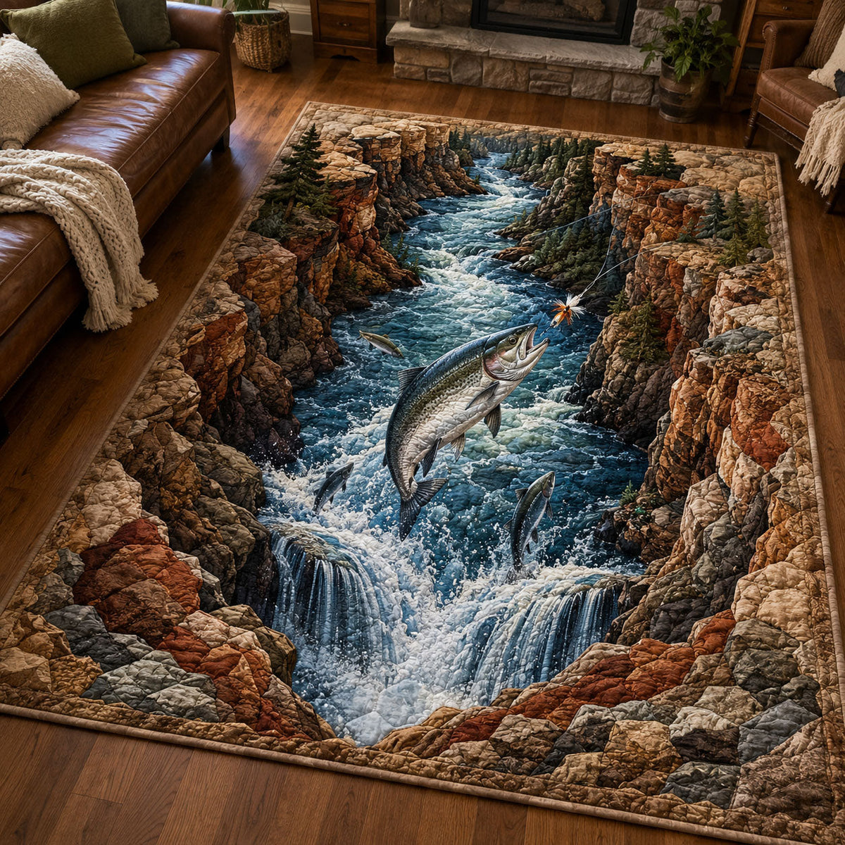 Canyon Rapids Salmon area rug in a living room
