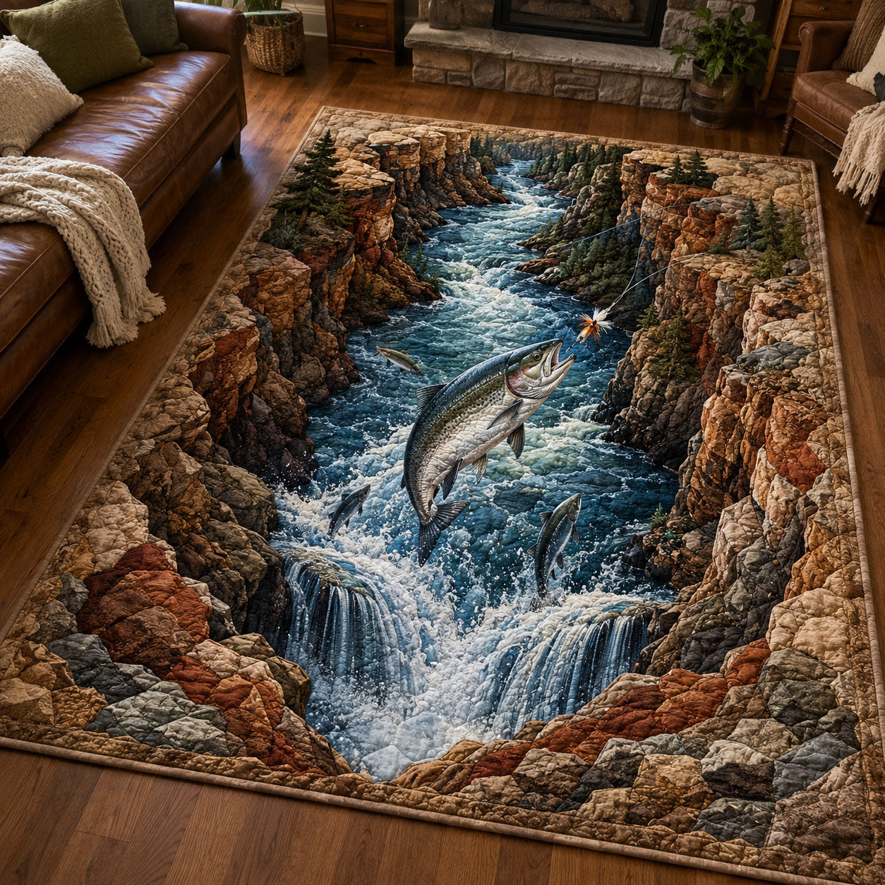 Canyon Rapids Salmon area rug in a living room