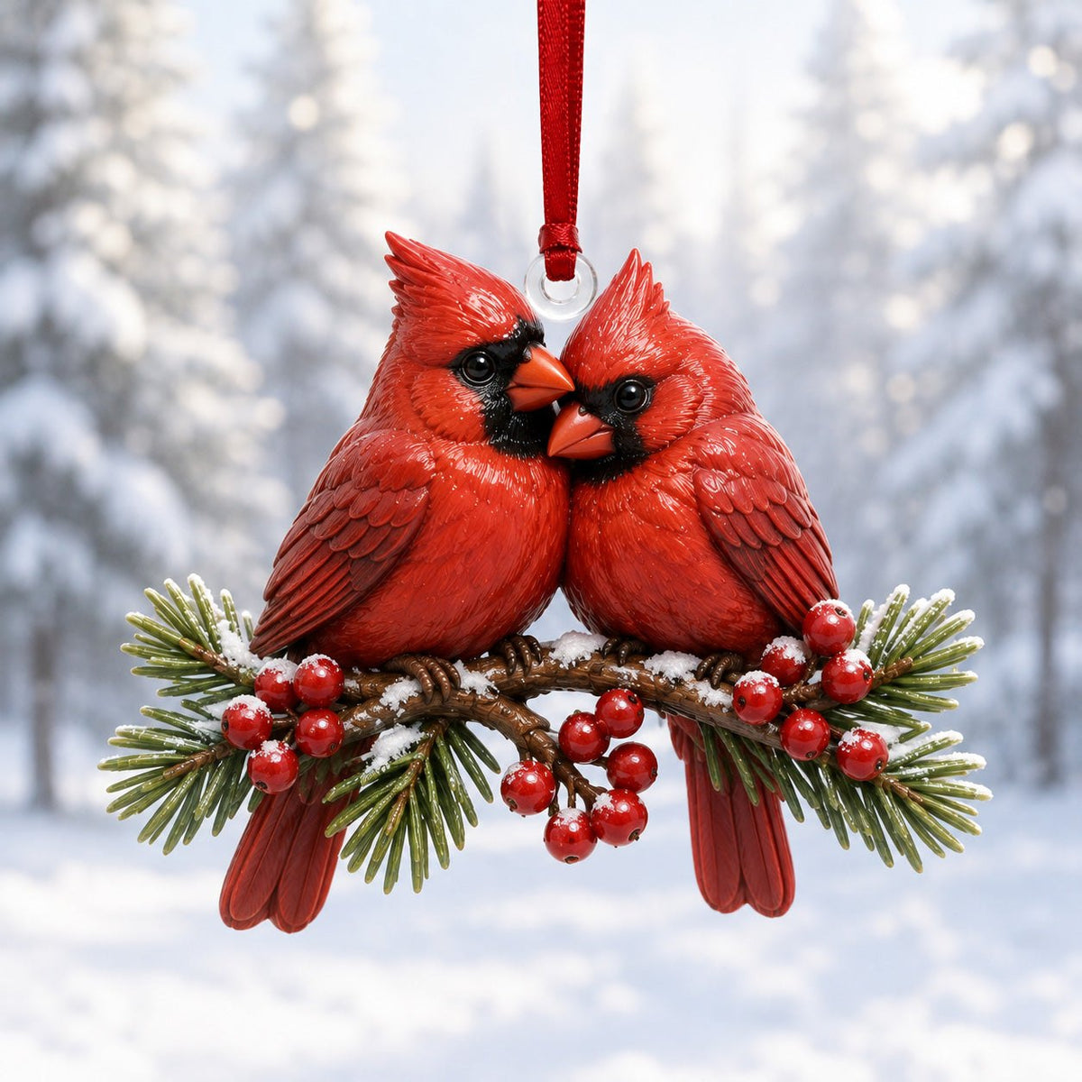 Snowy Branch Cardinal Duo Christmas Ornament
