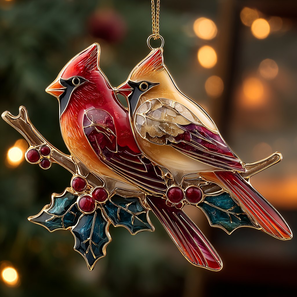 Cardinal Pair On Holly Christmas Ornament