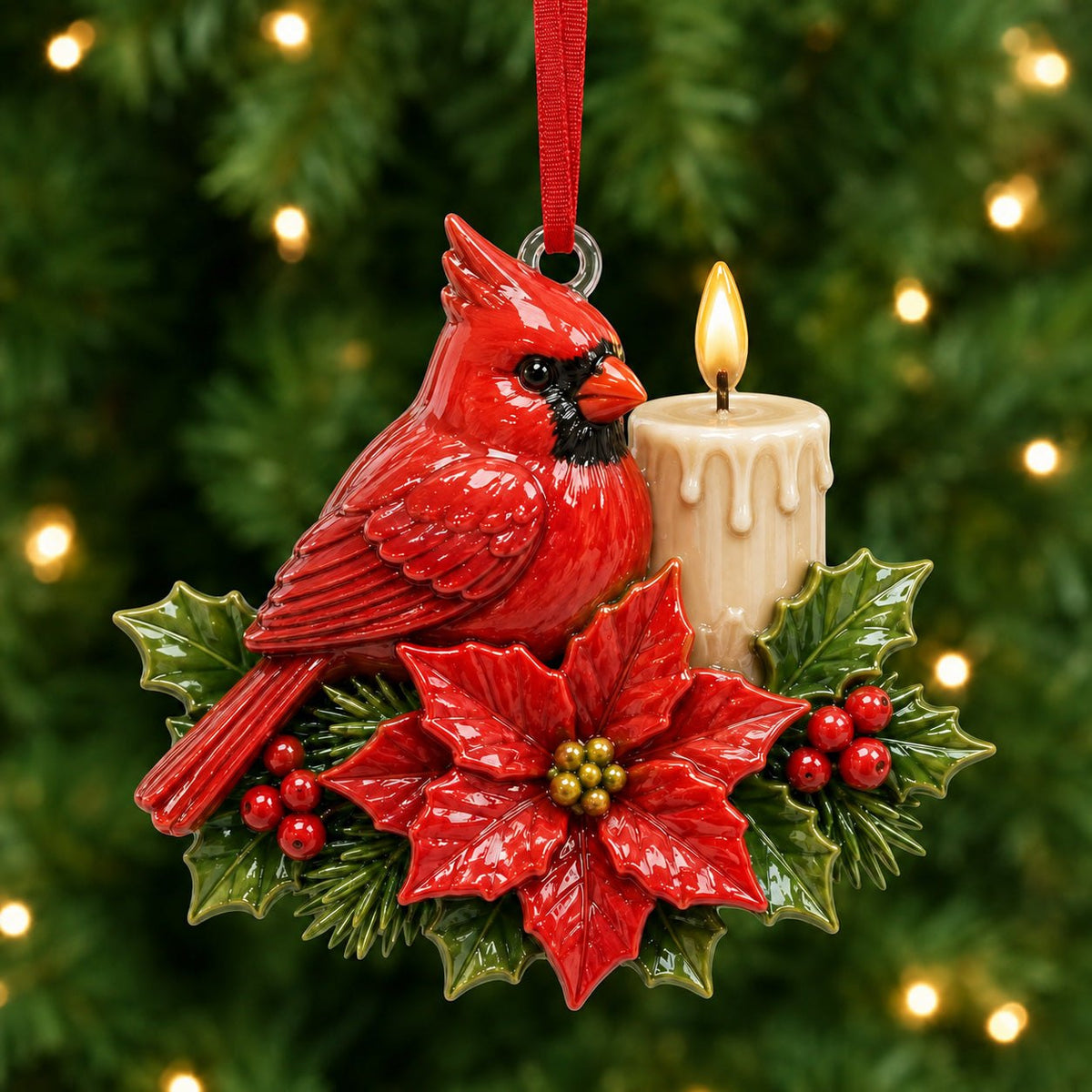 Cardinal Poinsettia Candle Christmas Ornament