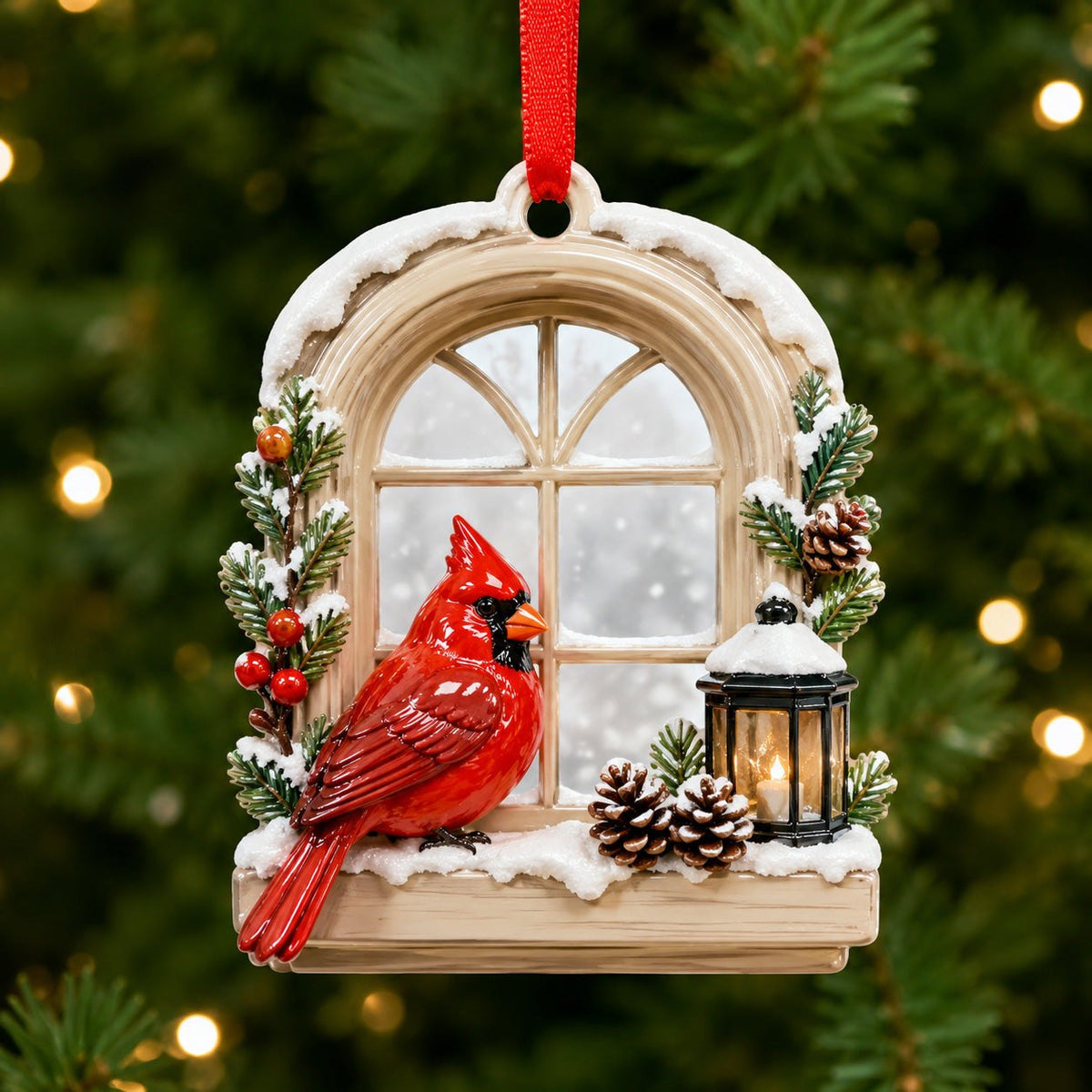 Cardinal Snow Window Christmas Ornament