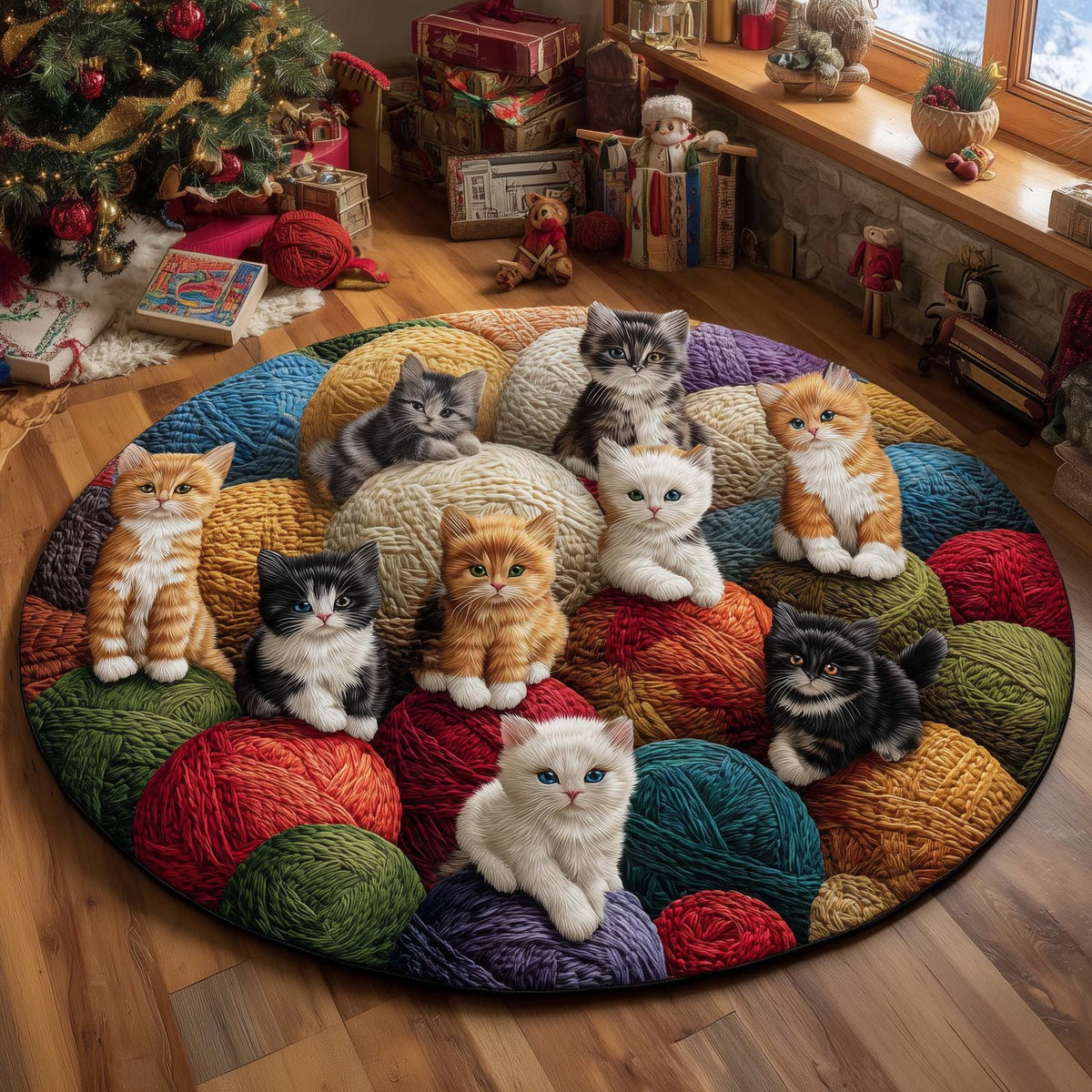 Cat Bliss Round Mat Rug - washable non-slip printed rug