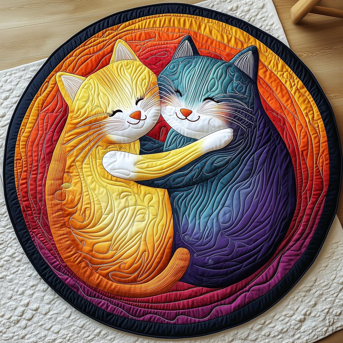 Cat Couple Round Mat Rug - washable non-slip printed rug