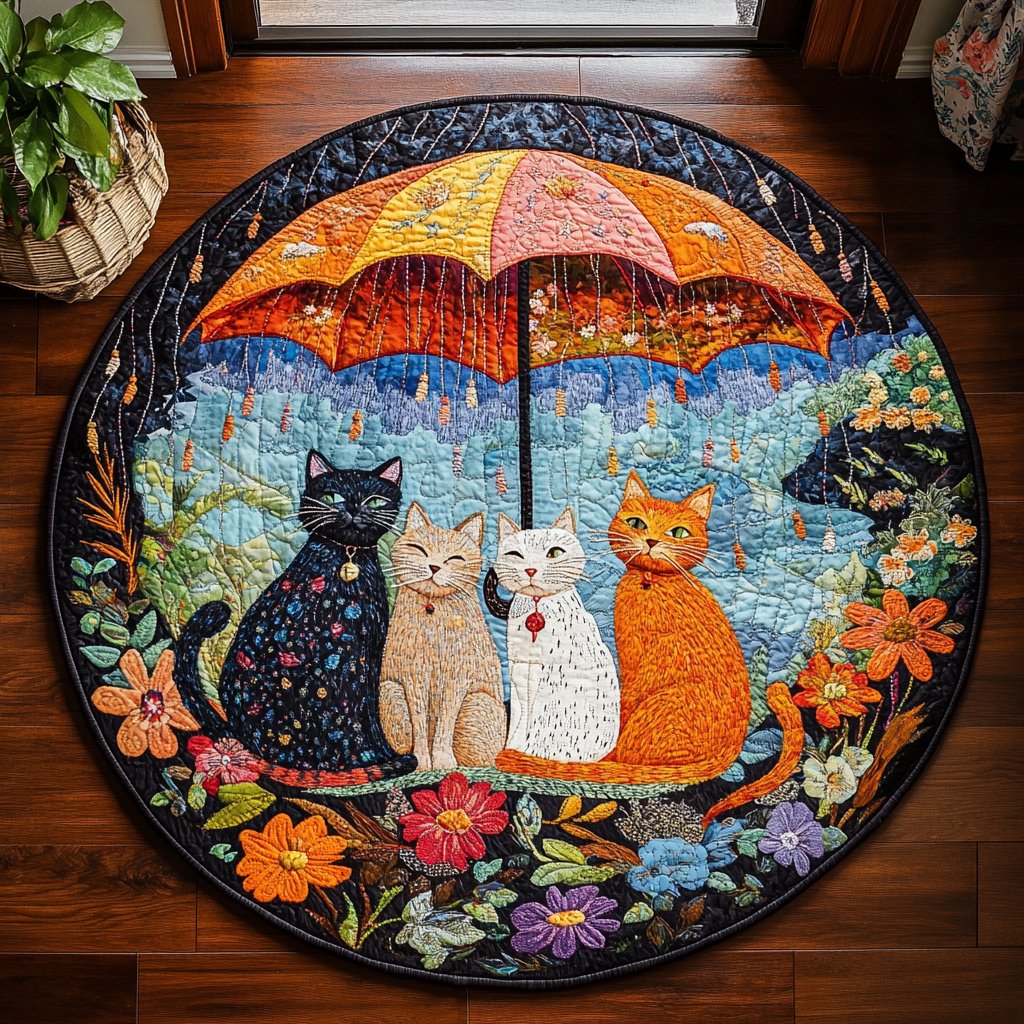 Cat Cuddle Haven Round Mat Rug - washable non-slip printed rug