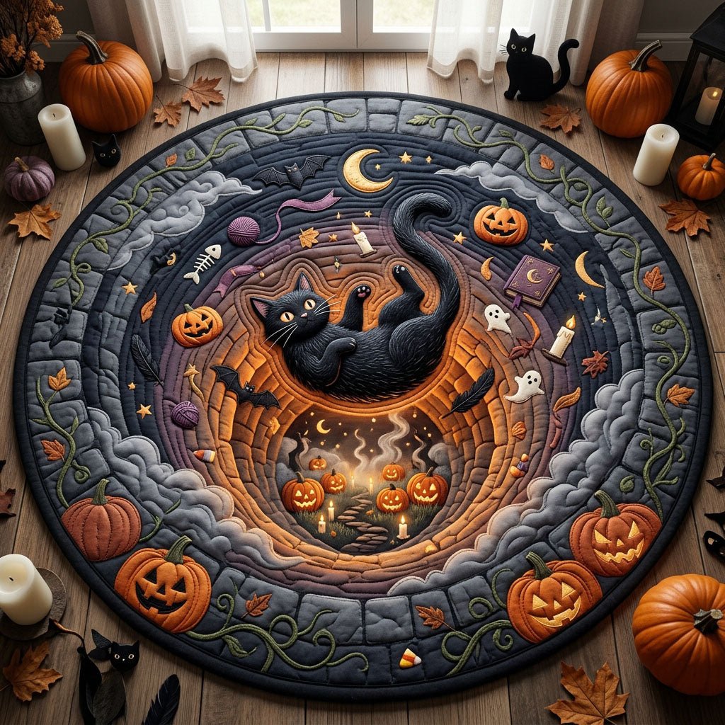 Cat Falling Into Pumpkin Vortex Round Mat Rug - Cute Pet Design | Animal Printed Home Decor