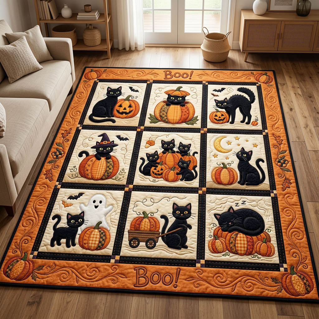Cat Pumpkin area rug in a living room