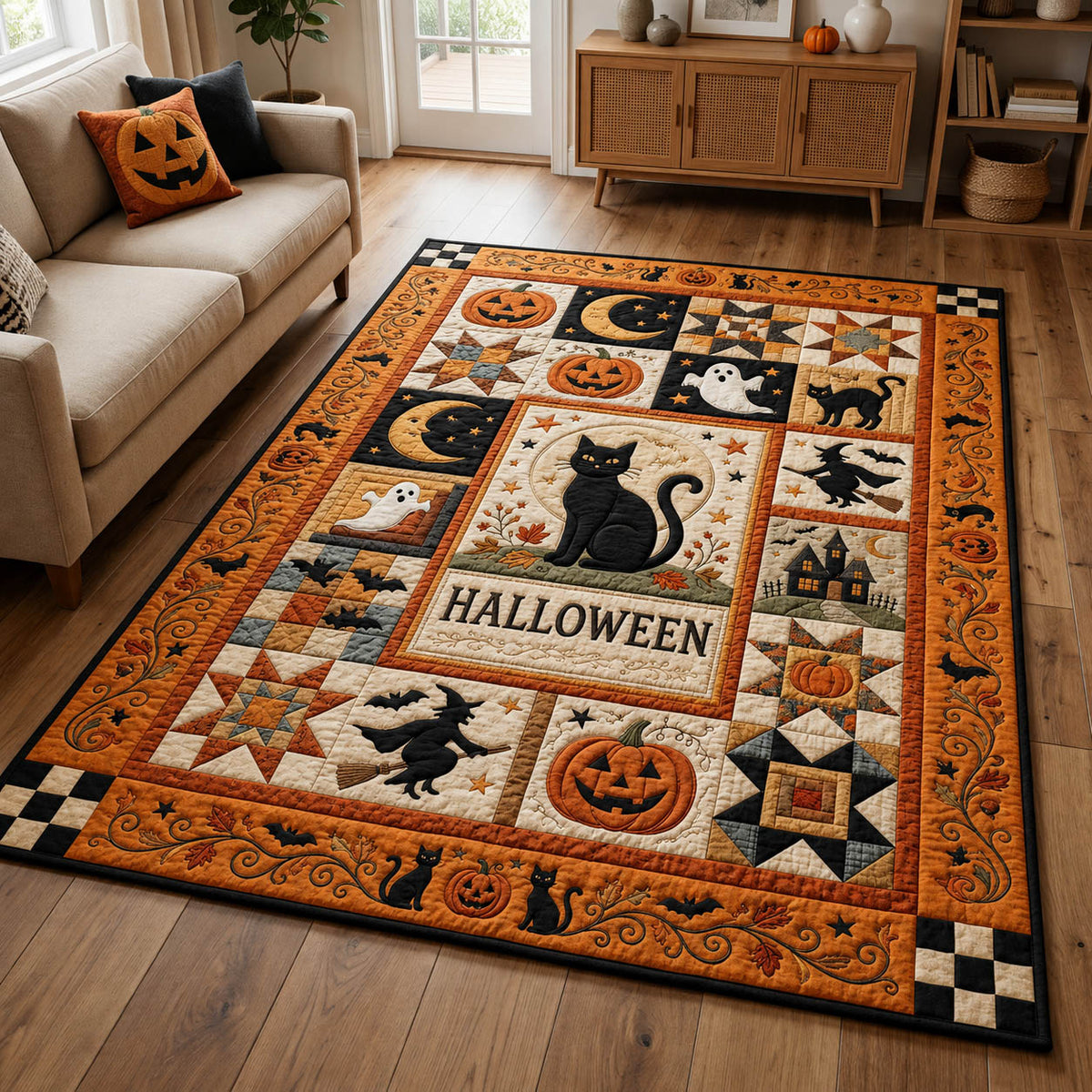 Cat Pumpkin area rug in a living room