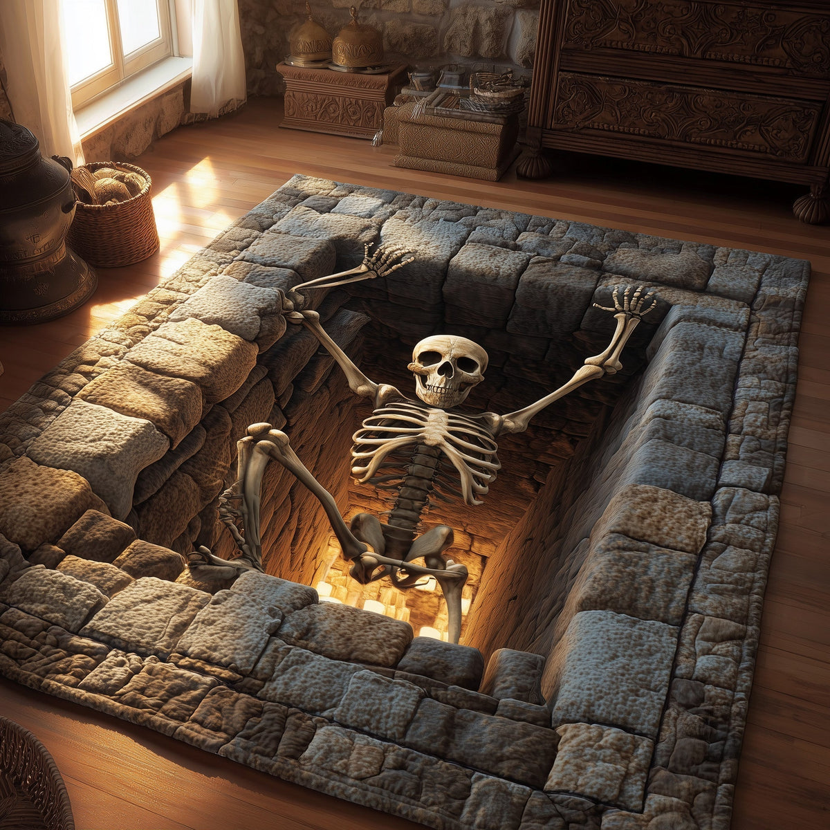 Catacomb Guardian area rug in a living room