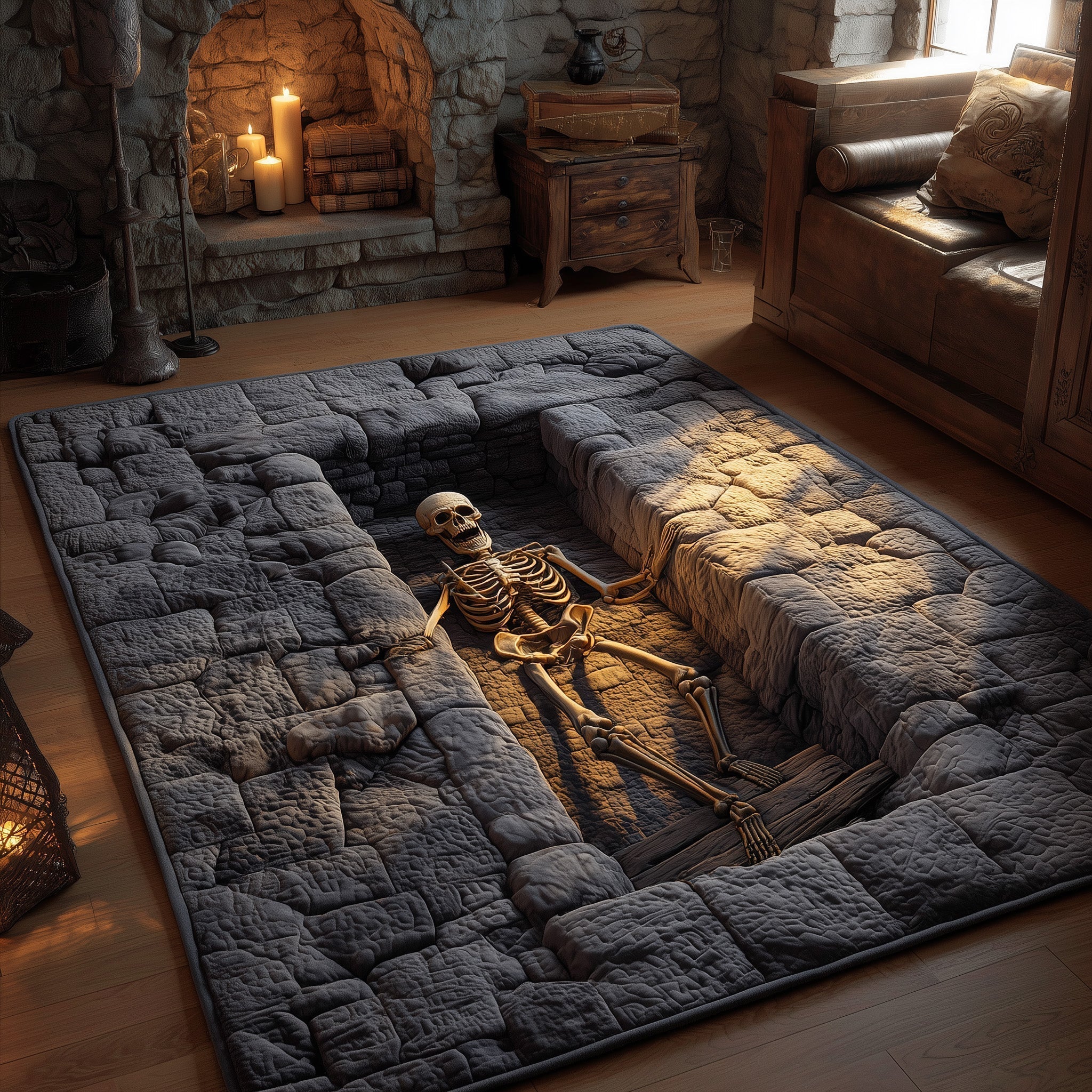 Catacomb Guardian area rug in a living room