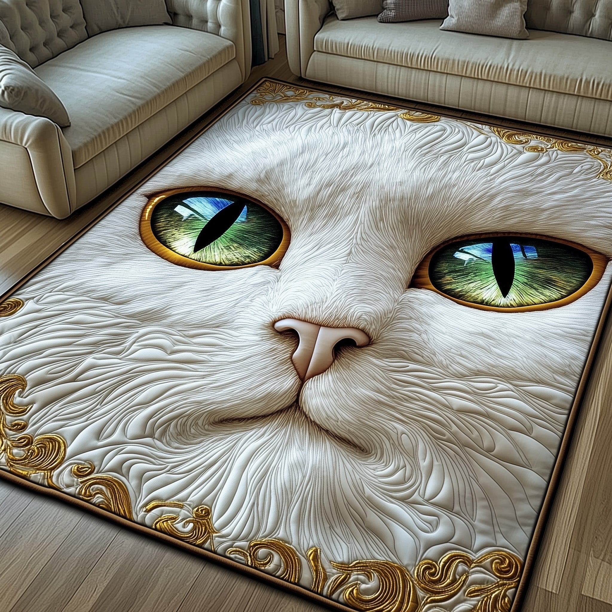 Catitude area rug in a living room