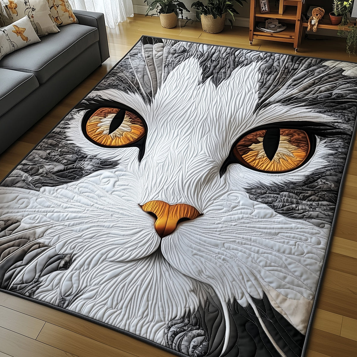Catitude area rug in a living room