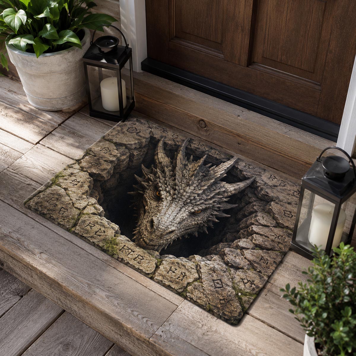 Cavern Dragon Doormat - Cute Animal Design | Printed Welcome Doormat - washable non-slip printed rug