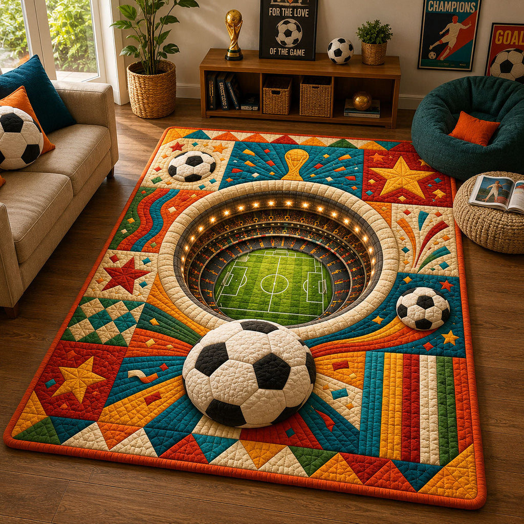 Celebration Stadium Soccer area rug in a living room