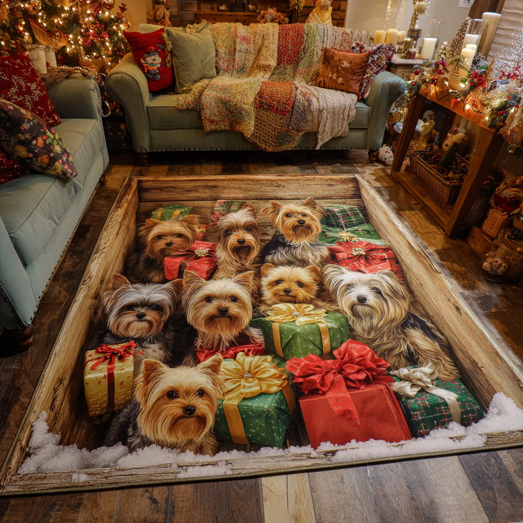 Celebration Yorkie area rug in a living room