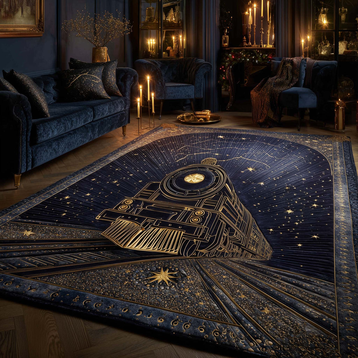 Celestial Christmas Train area rug in a living room