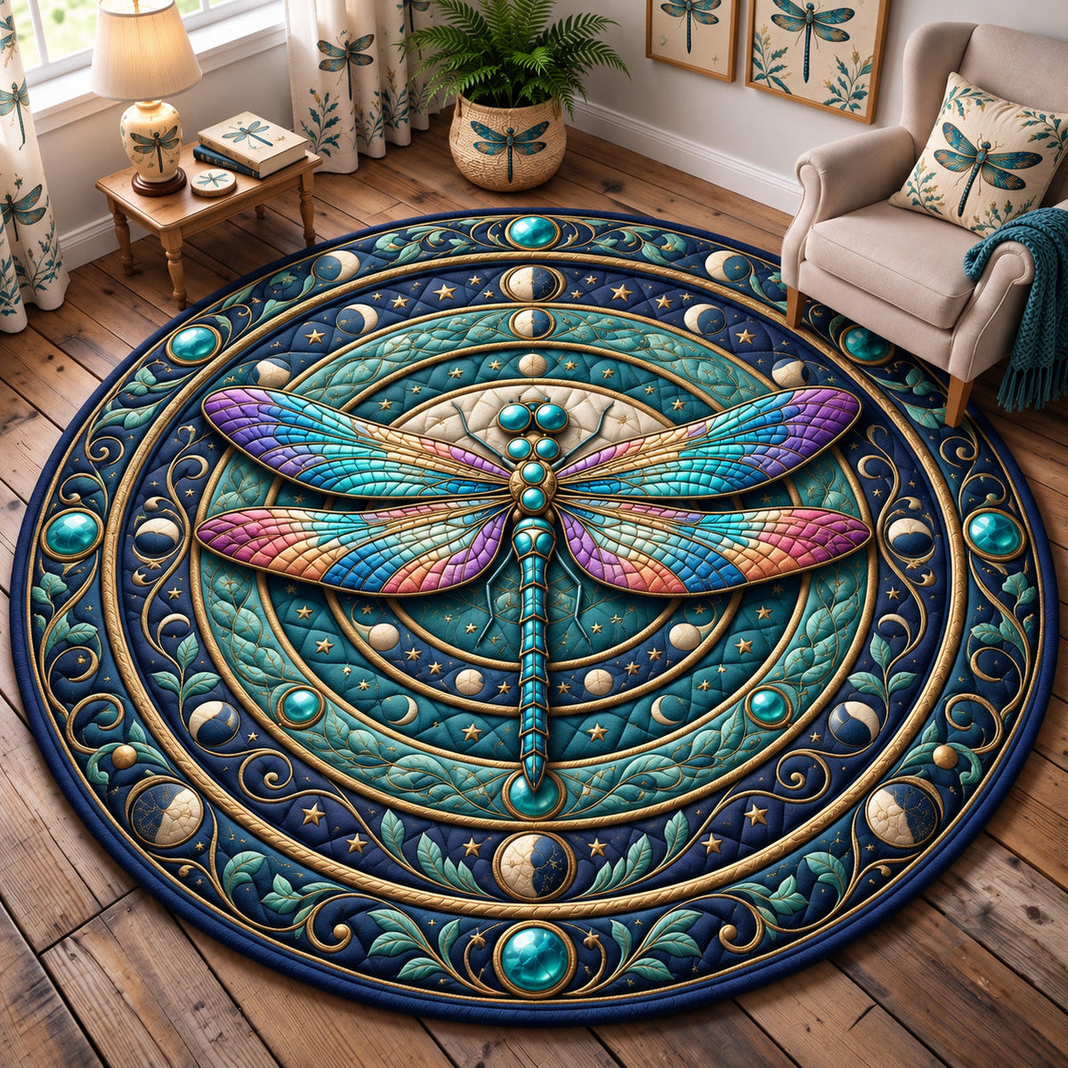 Celestial Dragonfly Round Mat Rug - Cute Animal Design | Charming Home Decor - washable non-slip printed rug