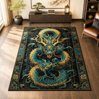 Celestial Jade Dragon area rug in a living room