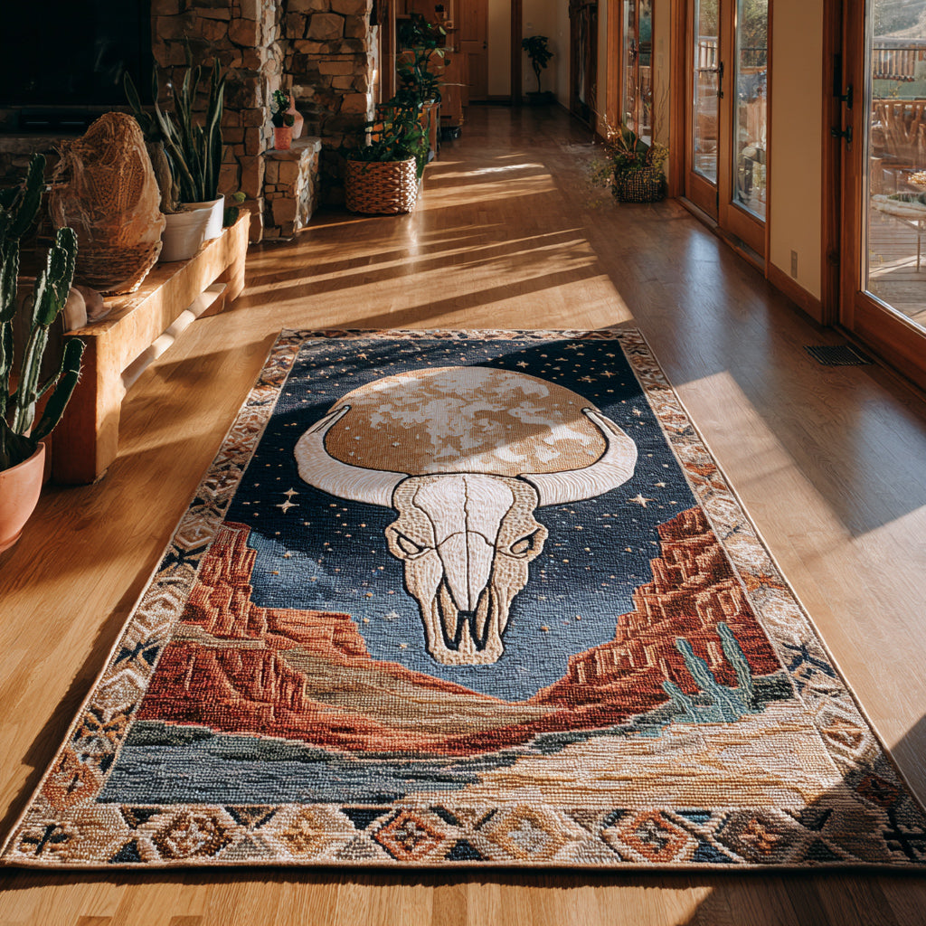 Celestial Longhorn Night area rug in a living room